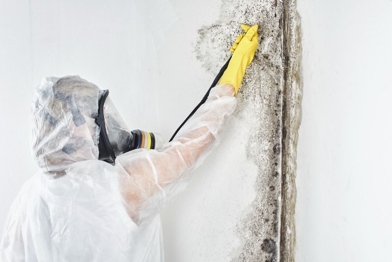 a man in a hazmat suit removing mould from a wall
