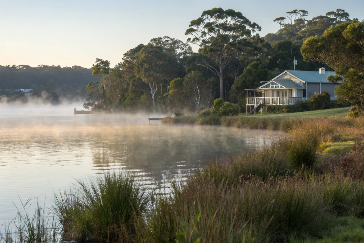 Weatherboard holiday home on the shores of Lake Macquarie at Wangi Wangi with morning mist