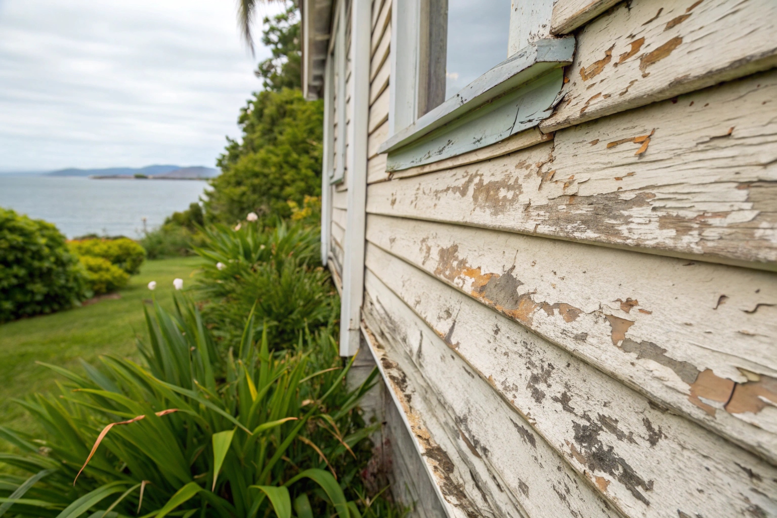 Weatherboard cladding on a Wangi Wangi lakeside home showing moisture damage and paint peeling
