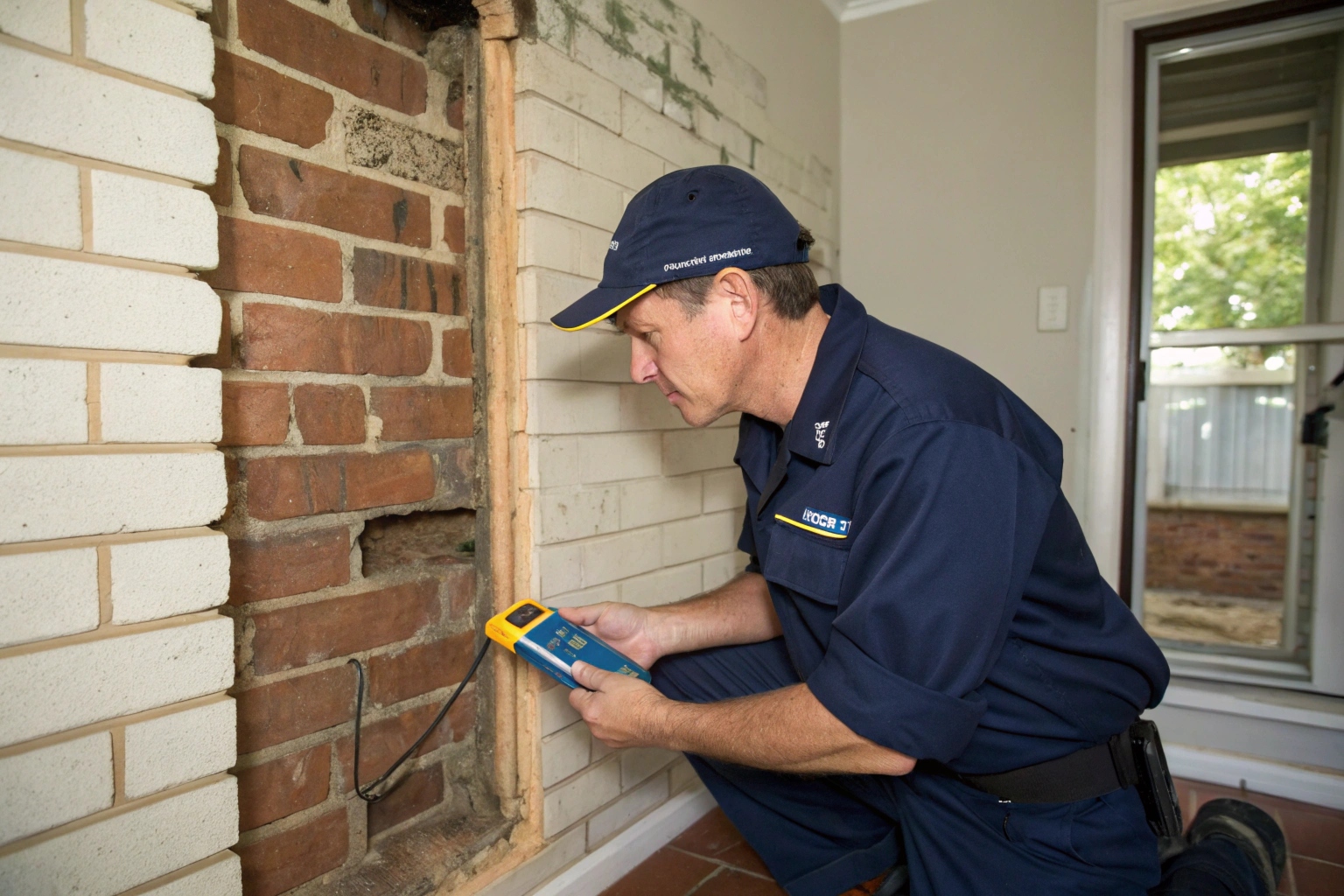 Mould inspector using moisture meter on wall of Cooranbong home