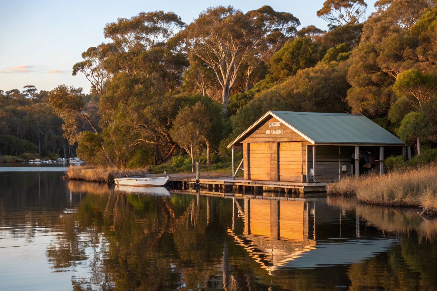 Timber boat shed on Lake Macquarie waterfront at Wangi Wangi in afternoon light