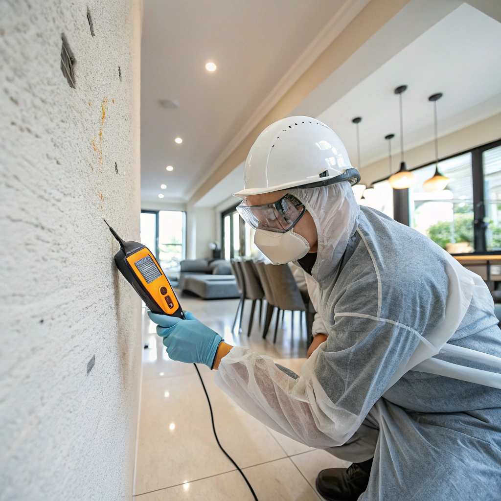 Technician using moisture meter to detect hidden mould in Salamander Bay property