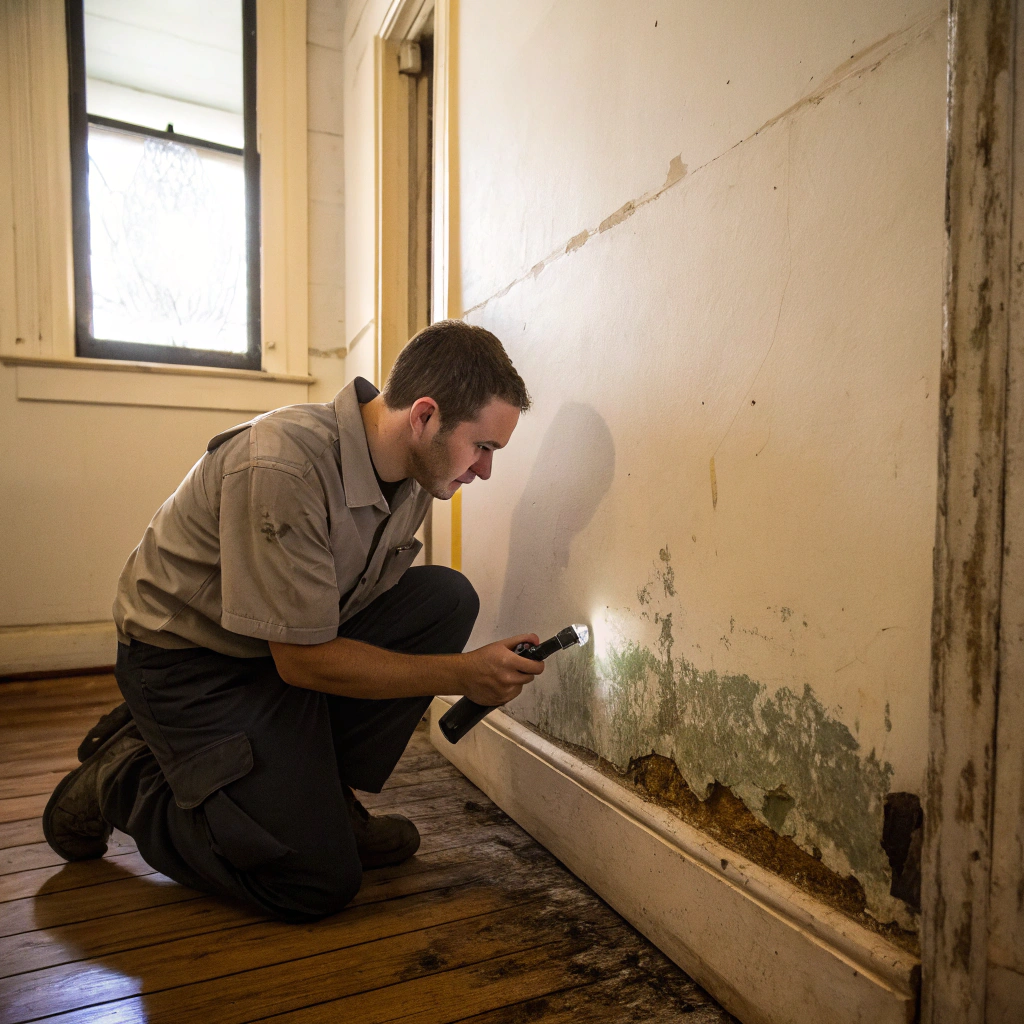 Mould removal professional inspecting a damp interior wall in a Newcastle home