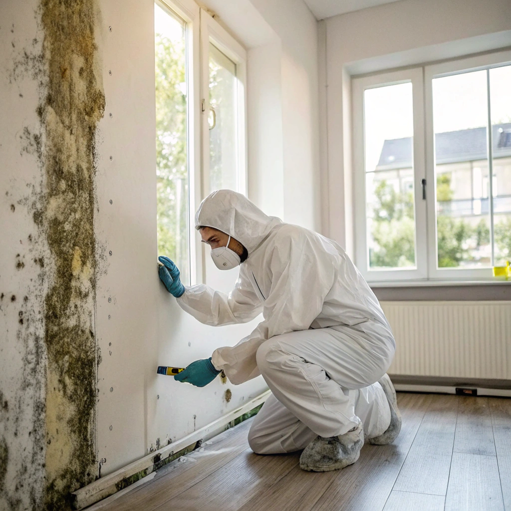 Mould removal technician inspecting water damaged wall in Salamander Bay home