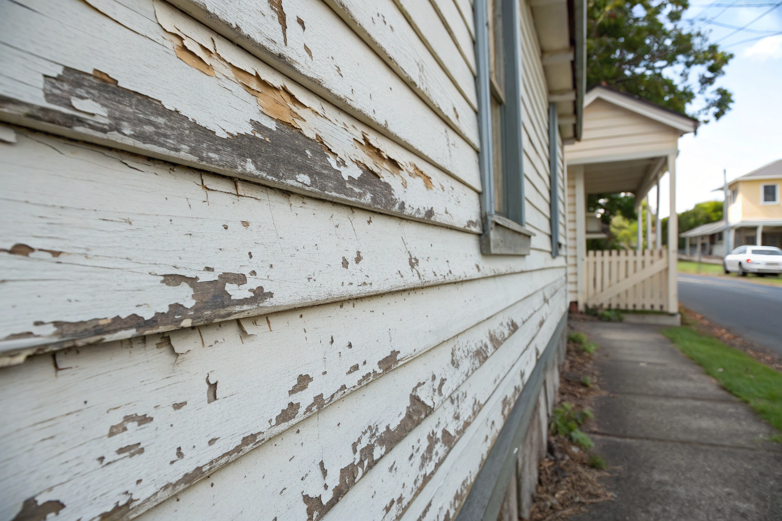 stockton-heritage-cottage-salt-air-mould-damage Weatherboard workers cottage in Stockton NSW showing peeling paint and salt air damage on exterior walls