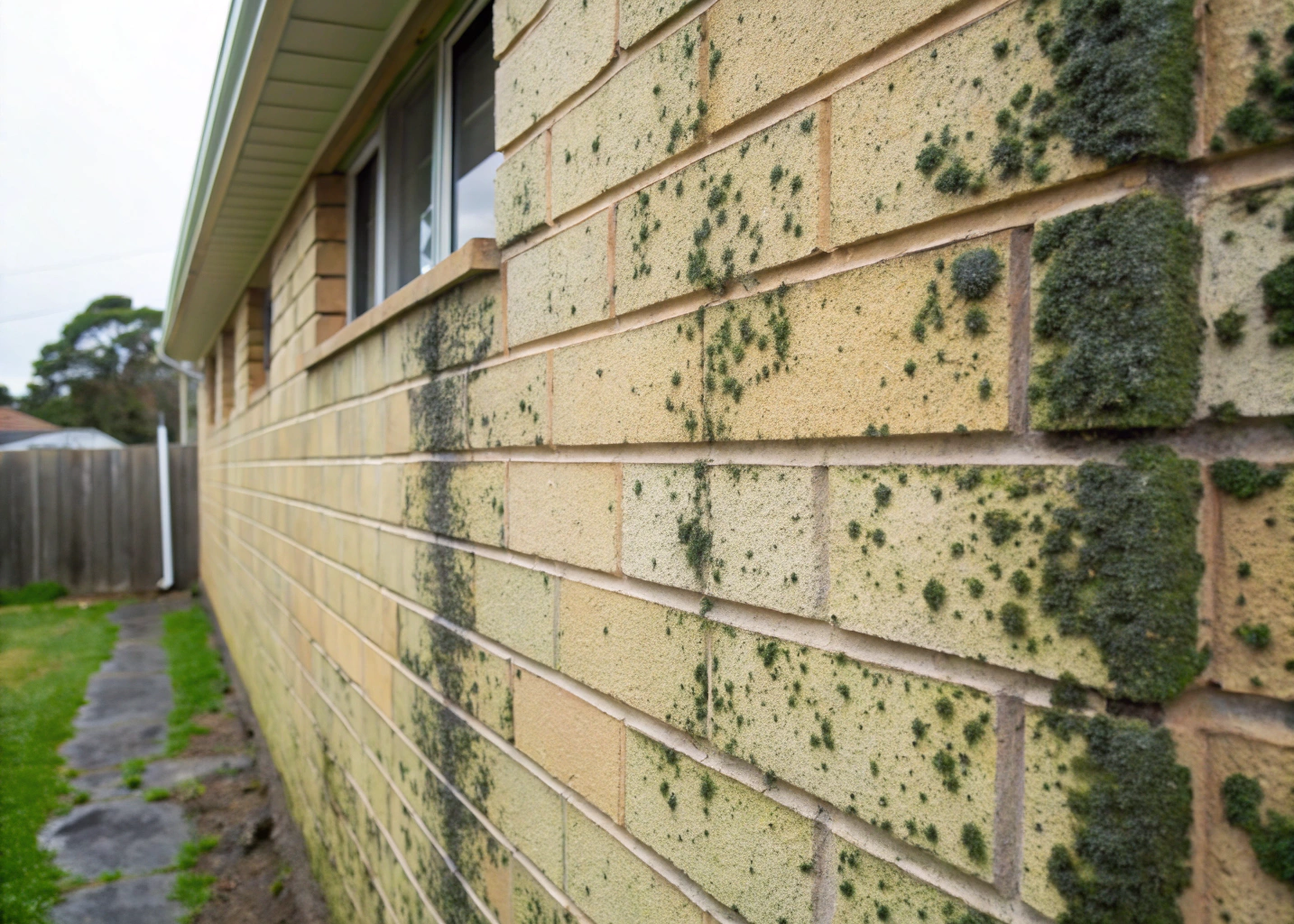 Exterior mould and algae growth on rendered masonry facade of older Newcastle home