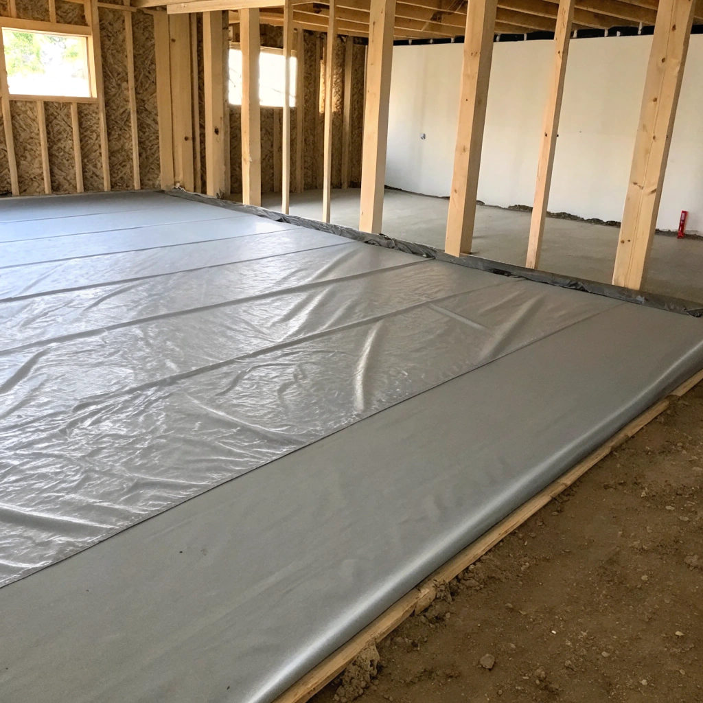Ground moisture barrier being laid across a residential subfloor space before insulation reinstatement
