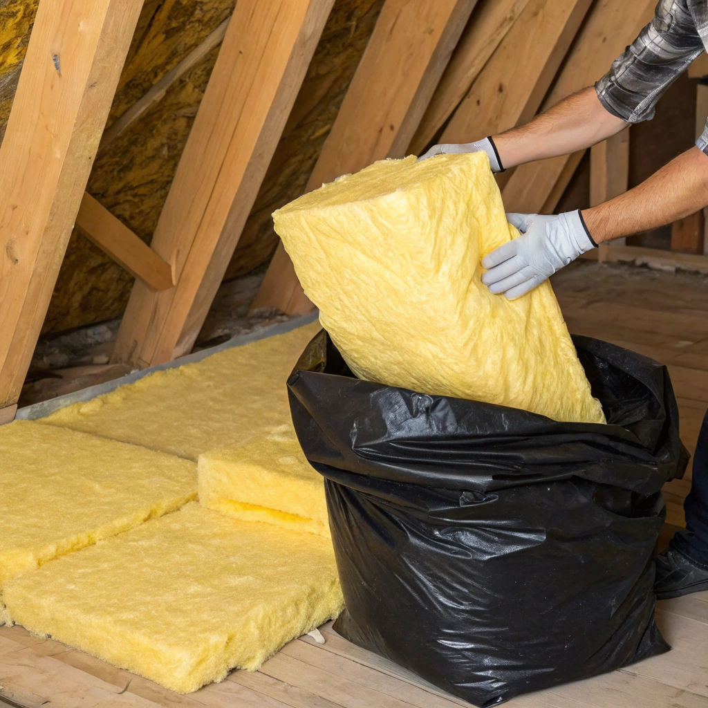 Contaminated insulation batts being carefully removed and bagged during mould remediation