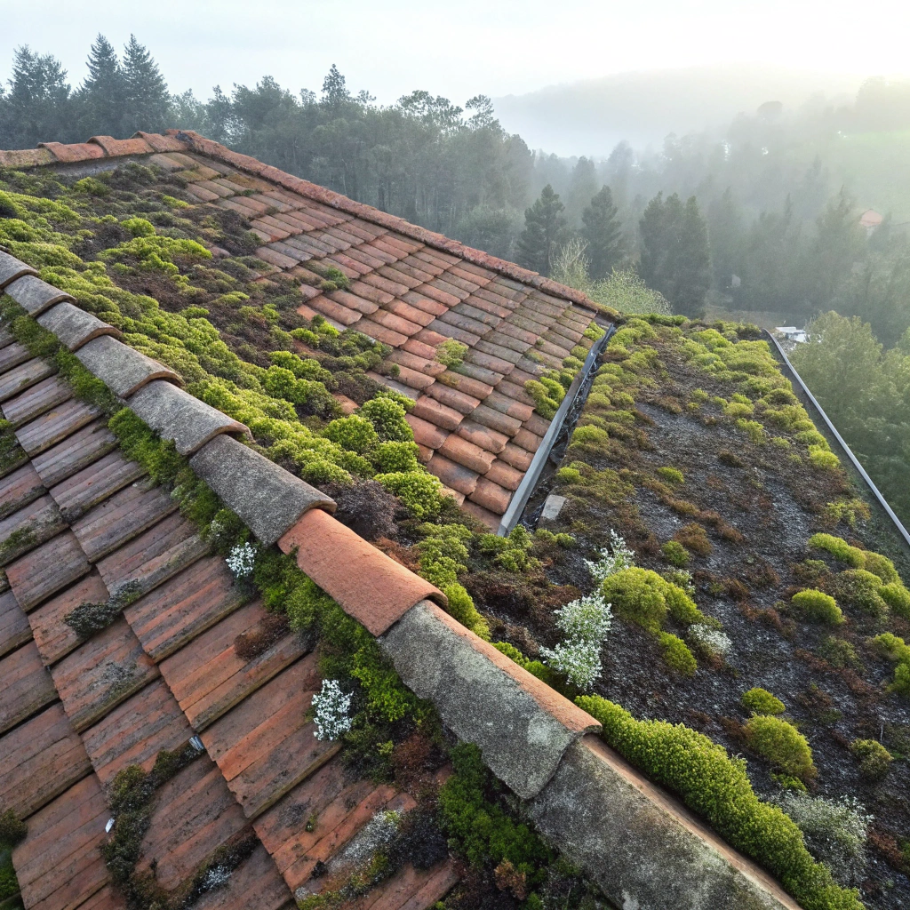 Moss and lichen growth on terracotta roof tiles Newcastle NSW
