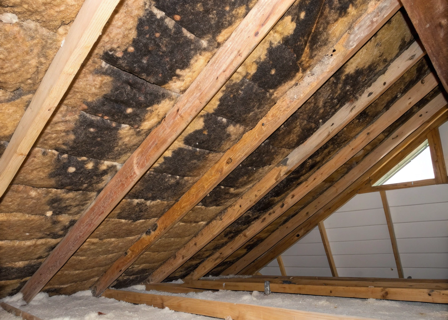 Mould-affected fibreglass ceiling insulation batts in a Newcastle home roof space