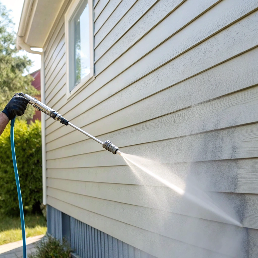 Low pressure soft washing equipment being used on exterior building surface