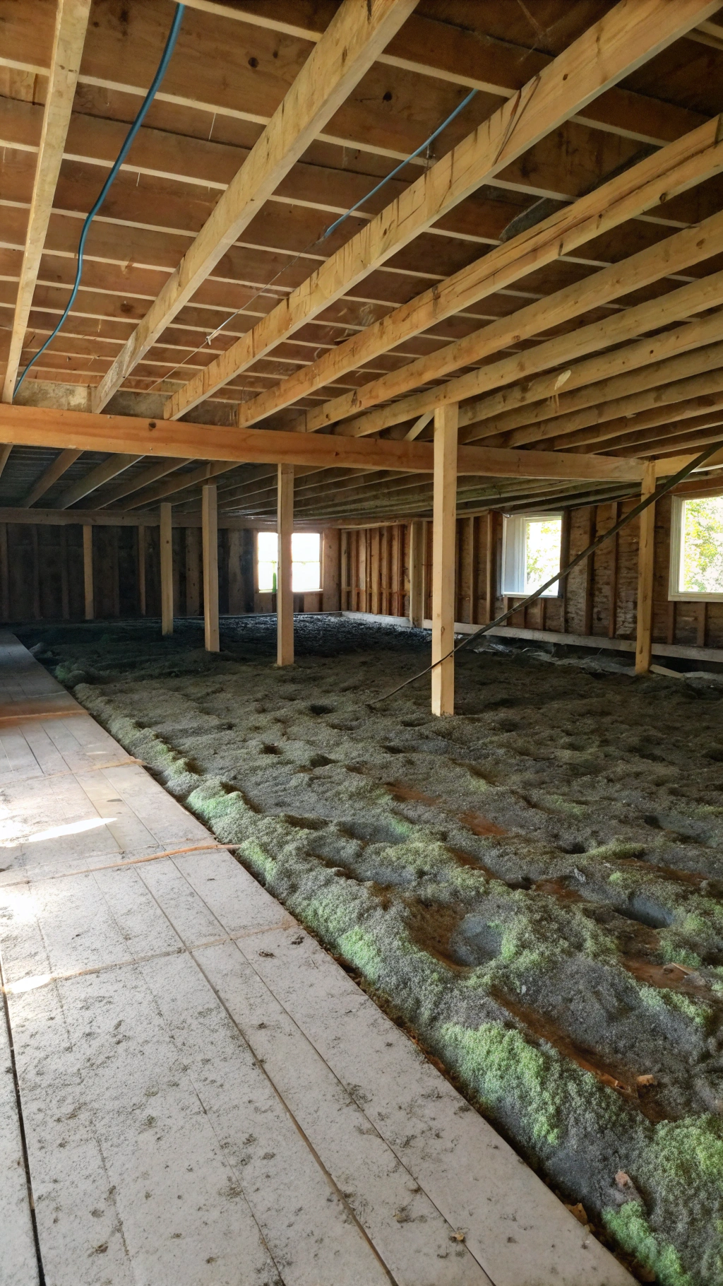 Mould-damaged subfloor insulation batts on the underside of timber flooring in a Newcastle home