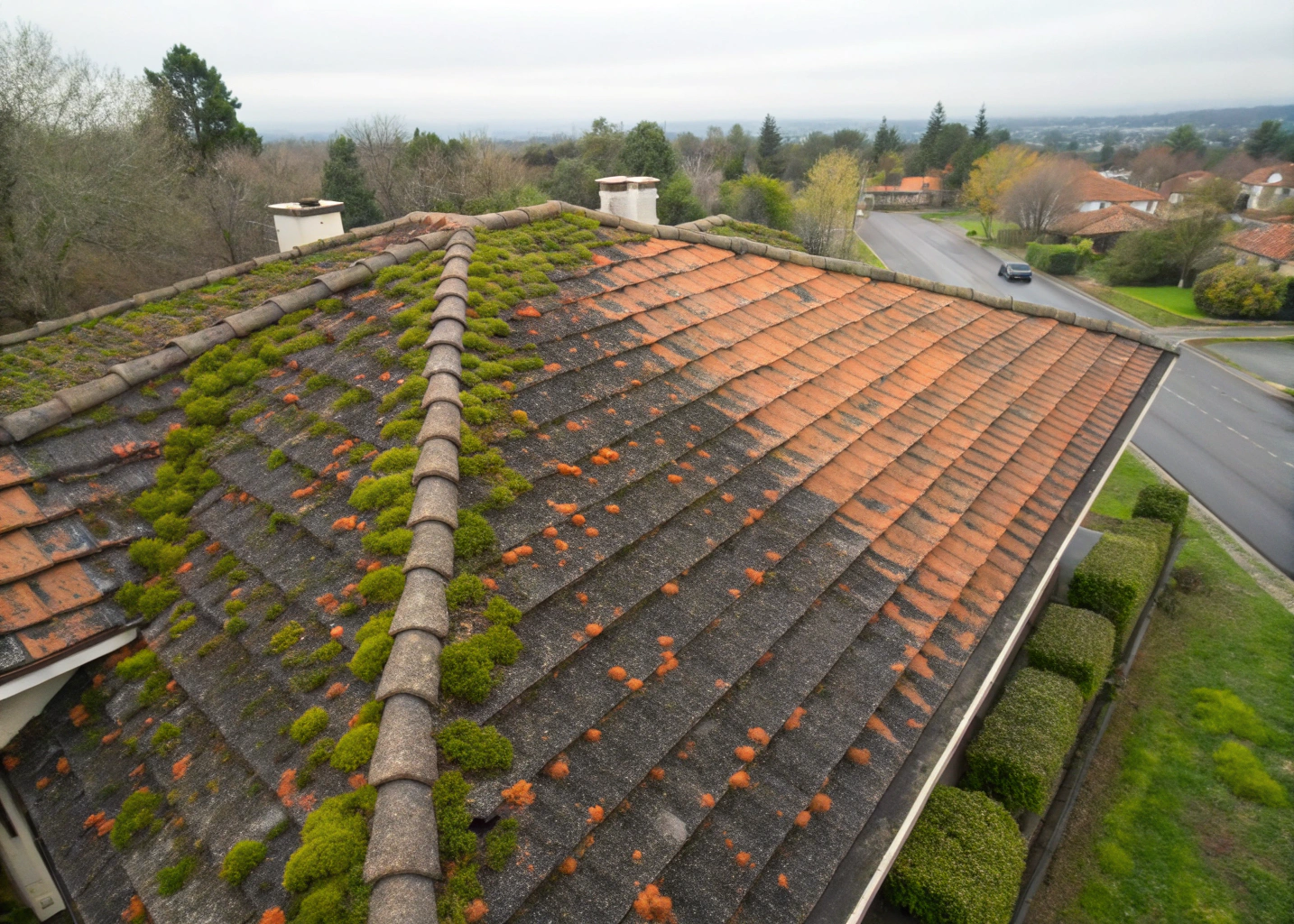 terracotta-roof-mould-newcastle Mould and lichen on terracotta roof tiles Newcastle coastal property