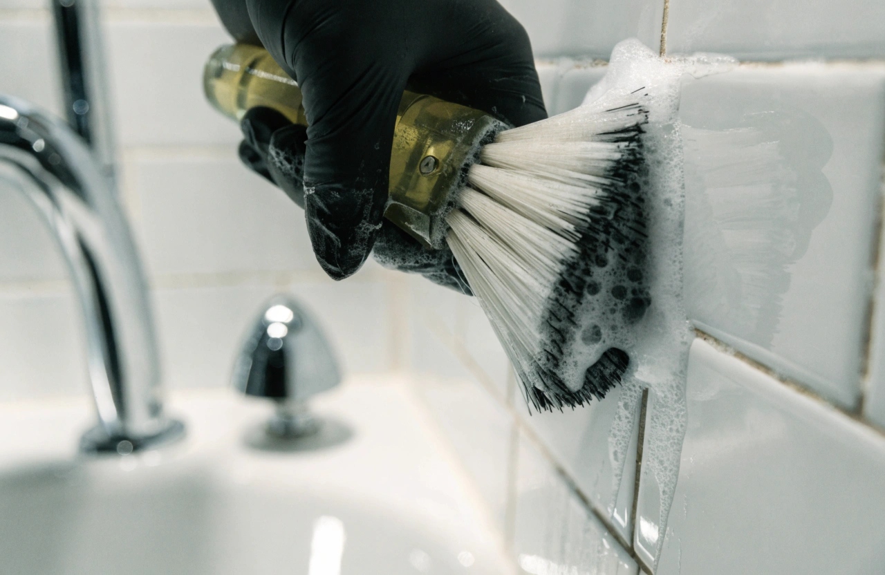 a-close-up-photorealistic-scene-of-a-professional- Professional bathroom tile and grout cleaning during pre-sale property preparation in Newcastle