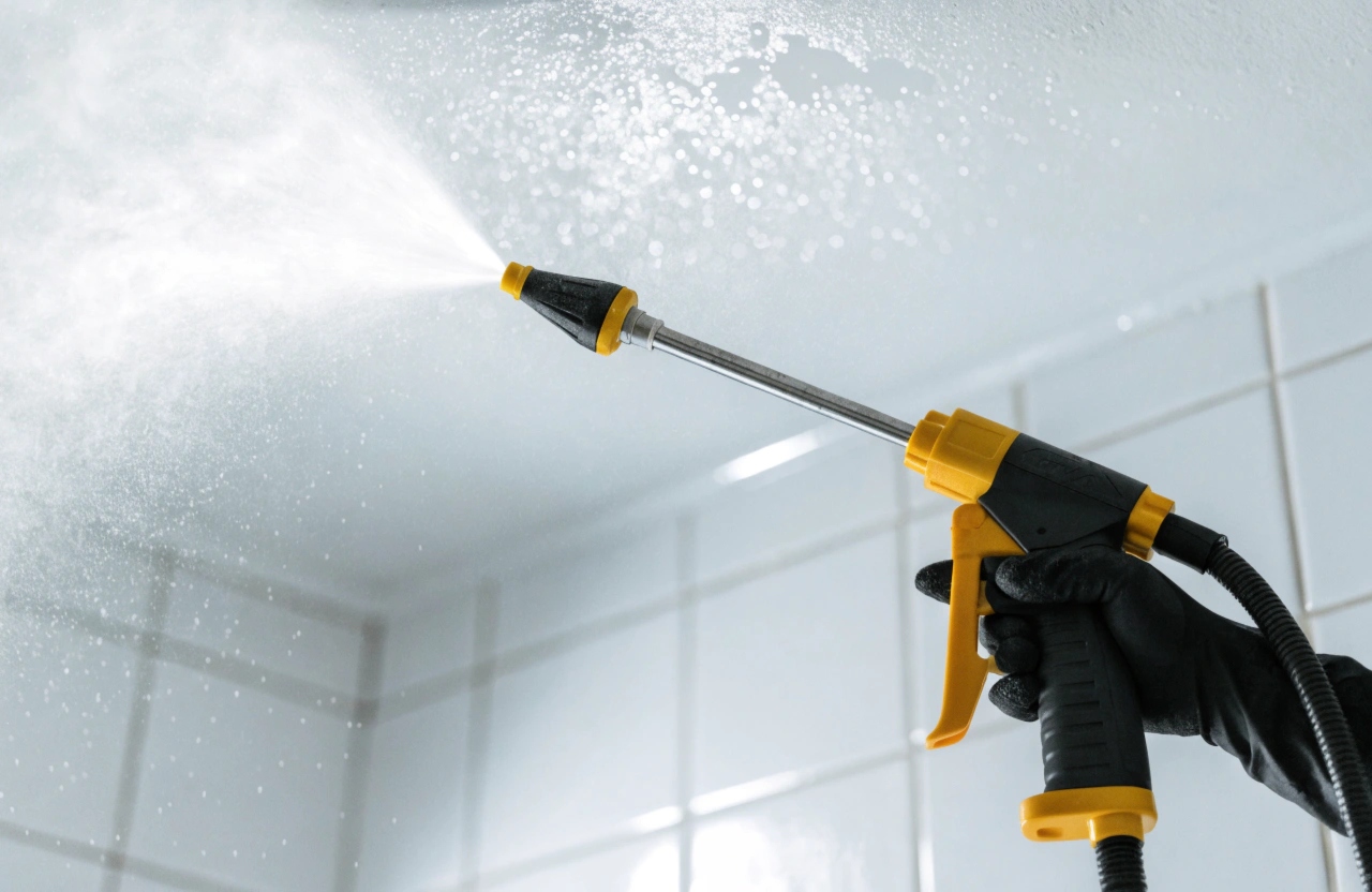 Professional mould treatment being applied to a bathroom ceiling during pre-sale cleaning