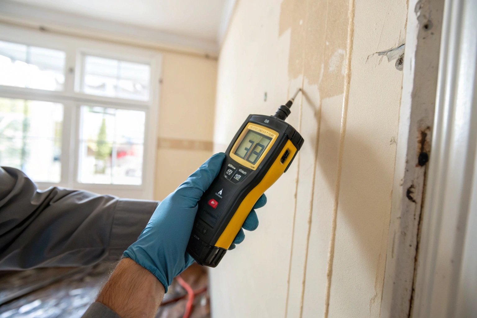 a-gloved-hand-holding-a-digital-moisture-meter-pre Inspector using a moisture meter on an interior wall during a mould inspection in a Newcastle home