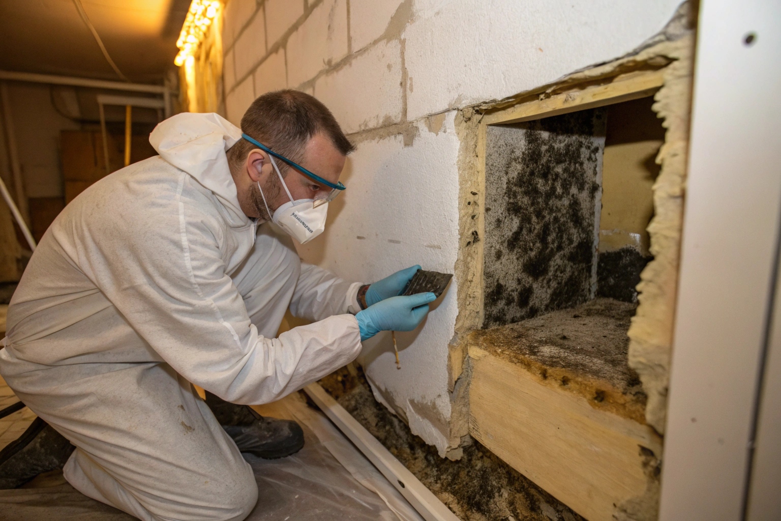 Bulk material sample being collected from mould-affected wall cavity
