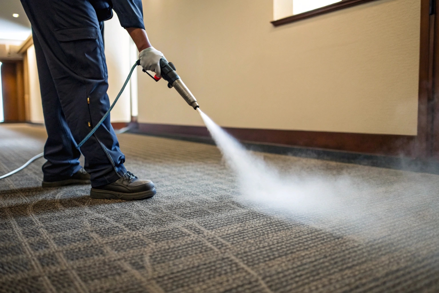 Antimicrobial treatment being applied to carpet fibres during professional sanitisation