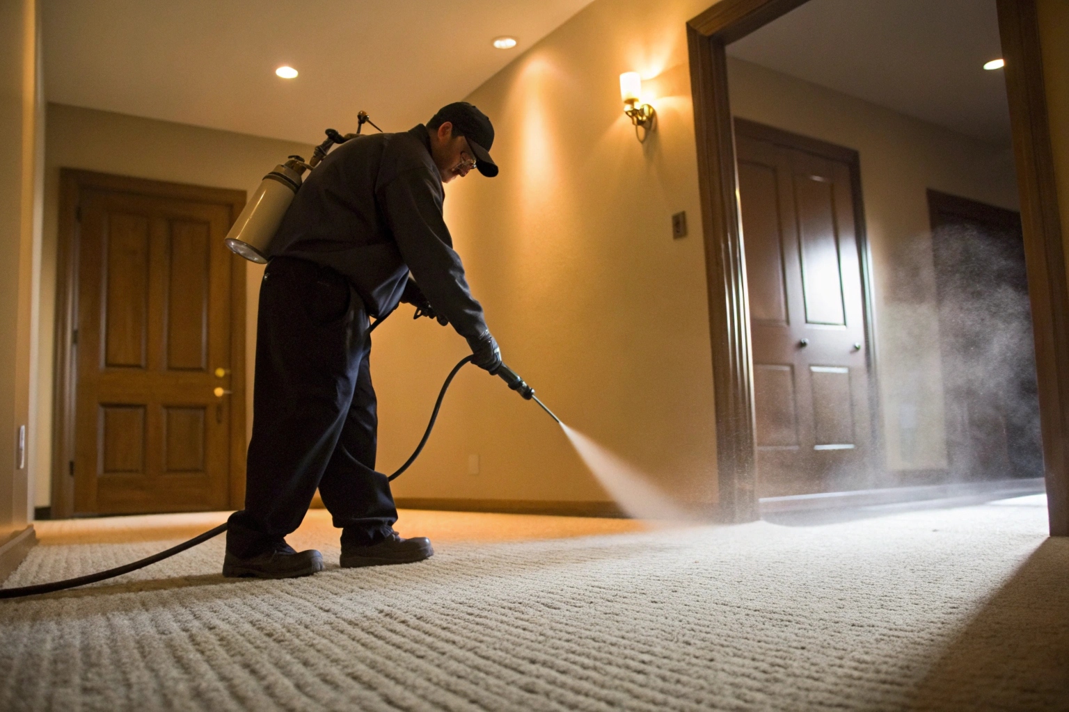 Antimicrobial treatment being applied to water damaged carpet fibres