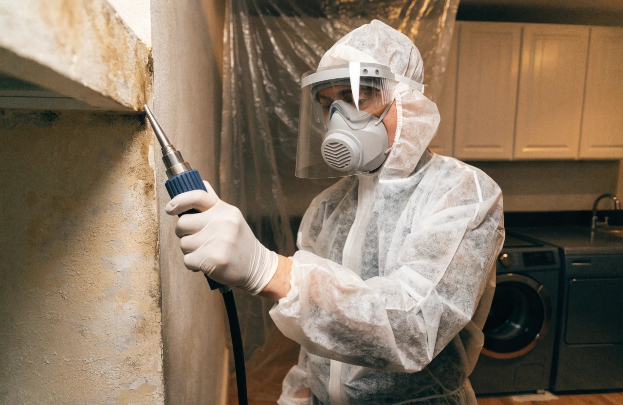 Professional mould remediation technician treating wall mould in a Newcastle home