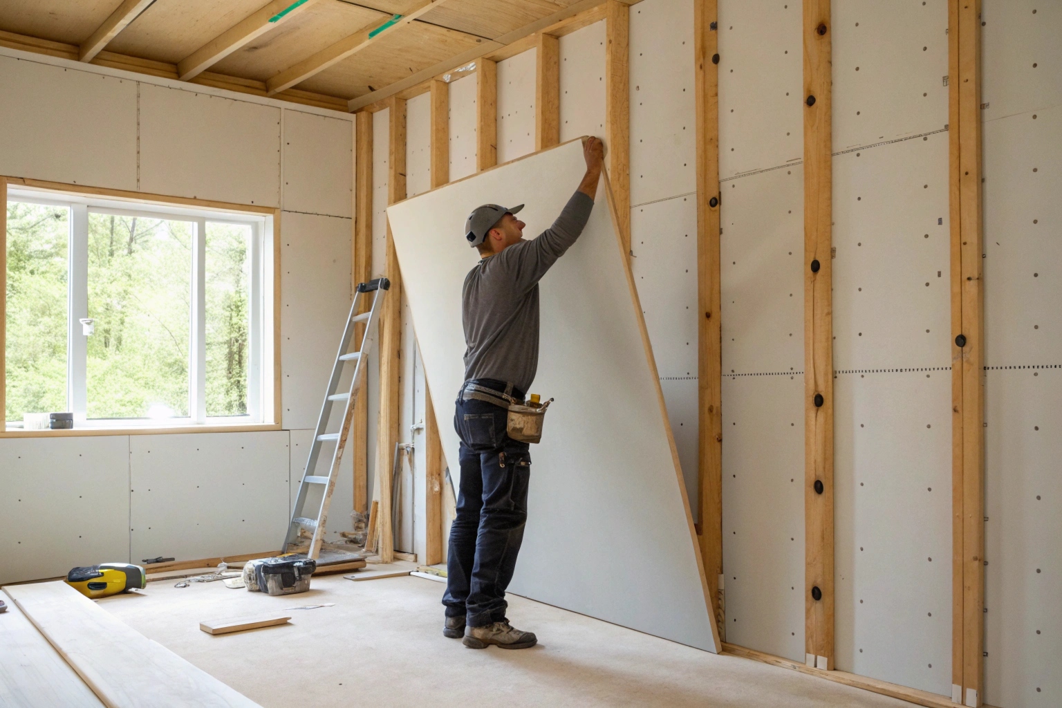 Plasterboard installation during post-mould building restoration in Newcastle