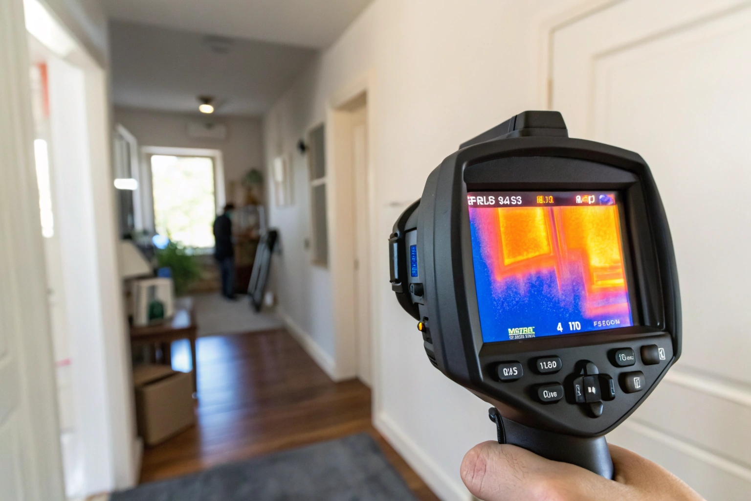 Thermal imaging camera detecting hidden moisture inside a wall cavity during a Newcastle mould inspection