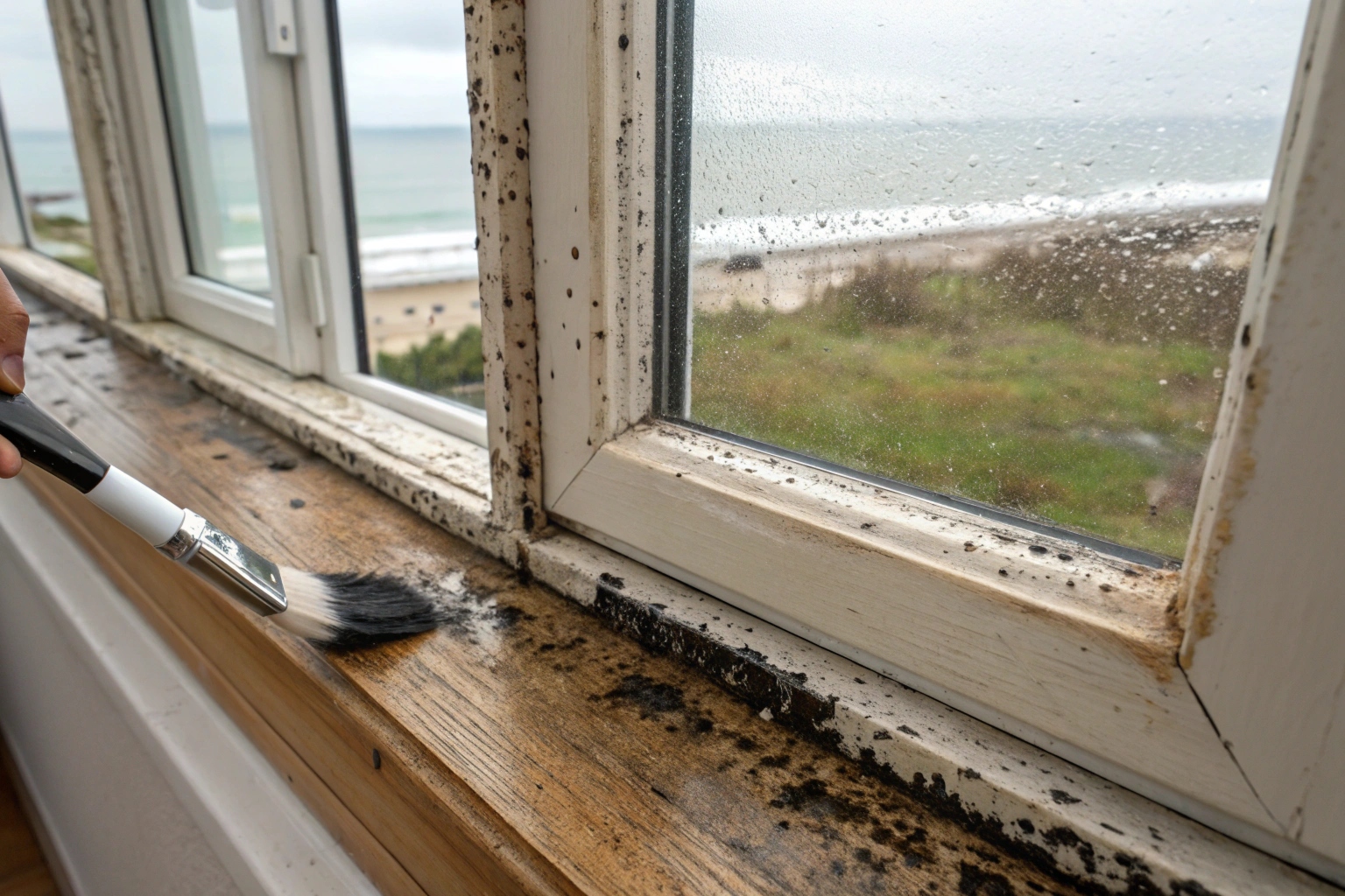 Mould growth on window frame and sill in a Newcastle coastal property being treated