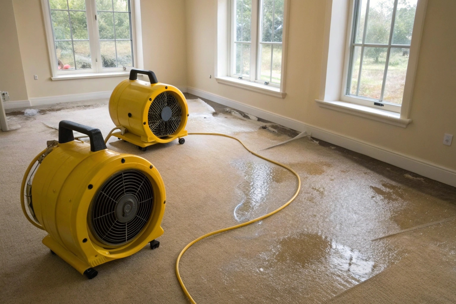 Industrial air movers and dehumidifier set up on wet carpet for drying